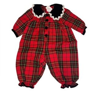 Vintage 1990s Bonnie Jean Scotch Plaid Romper With Velvet Collar 18m